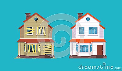 Home renovation. House before and after repair. New and old suburban cottage. Isolated vector illustration Vector Illustration