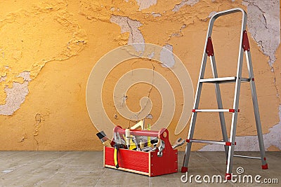 Home renovation and improvement concept. Ladder, toolbox with to Cartoon Illustration