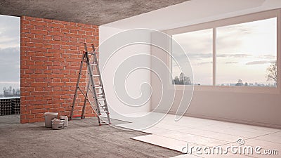 Home renovation, restructuring process, repair and wall painting, new house construction concept. Brick and painted walls, floor, Stock Photo