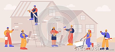 Home renovation workers crew build or repair house Vector Illustration