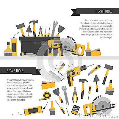 Home repair banner. Construction tools. Hand tools for home reno Vector Illustration