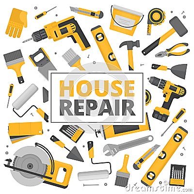 Home repair banner. Construction tools. Hand tools for home reno Vector Illustration