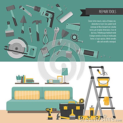 Home repair banner. Hand tools for home renovation and construct Vector Illustration