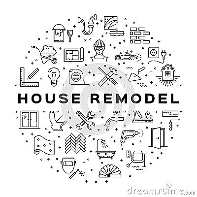 Home Repair circle infographics Construction icon. House remodel thin line art icons. Vector illustration Vector Illustration