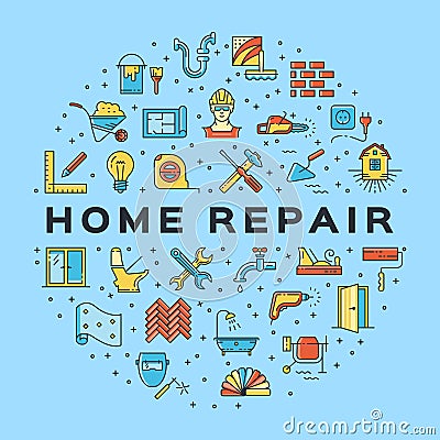 Home Repair circle infographics Construction icon. House remodel thin line art icons. Vector Vector Illustration