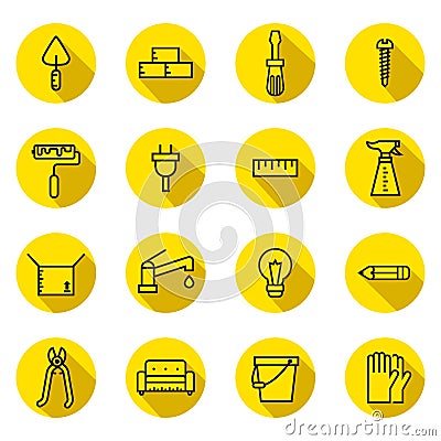 Home repair and construction flat (black and yellow) vector icons set with shadows. Minimalistic design. Vector Illustration