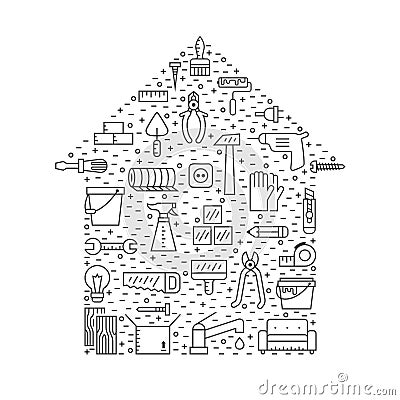 Home repair and construction outline gray vector background. Simple design. House shape poster. Vector Illustration