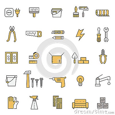 Home repair and construction outline gray and yellow vector icons set. Minimalistic design. Vector Illustration