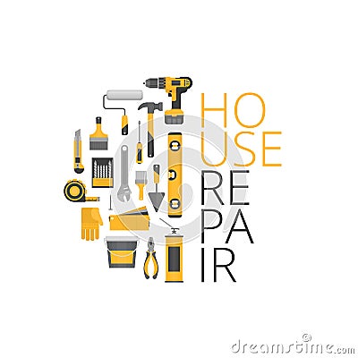 Home repair. Construction tools. Hand tools for home renovation Vector Illustration