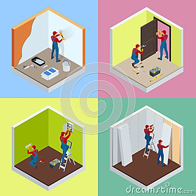 Home repair isometric concept set with workers, tools, equipment isolated on white. Building, construction and home Vector Illustration