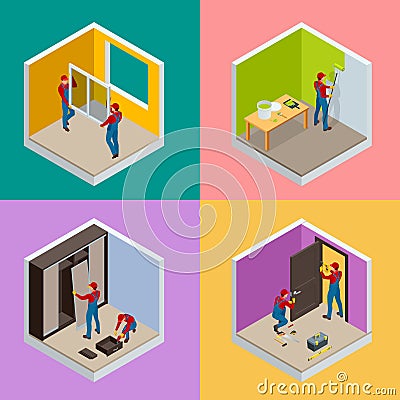 Home repair isometric concept set with workers, tools, equipment isolated on white. Building, construction and home Vector Illustration