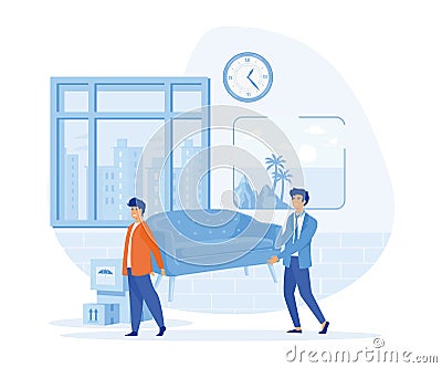 Home repair services, guys move sofa furniture in room. Vector Illustration