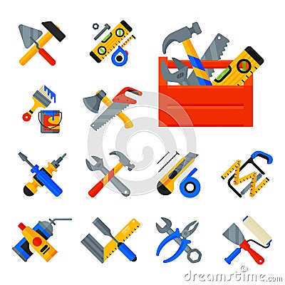 Home repair tools icons working construction equipment set and service worker macter box flat style isolated on white Vector Illustration