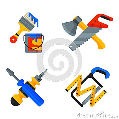 Home repair tools icons working construction equipment set and service worker macter box flat style isolated on white Vector Illustration