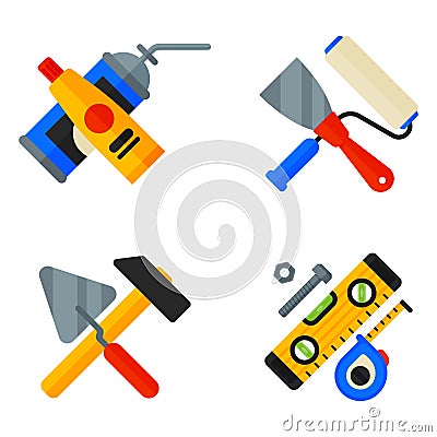 Home repair tools icons working construction equipment set and service worker macter box flat style isolated on white Vector Illustration