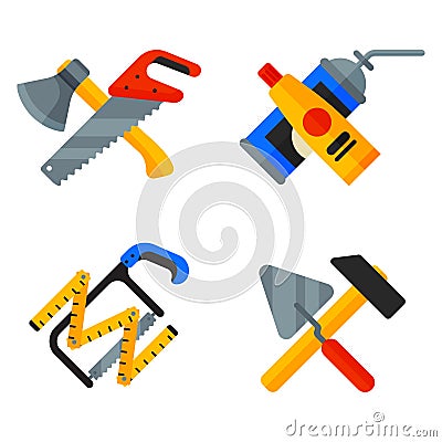 Home repair tools icons working construction equipment set and service worker macter box flat style isolated on white Vector Illustration