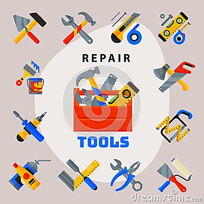 Home repair tools icons working construction equipment set and service worker macter box flat style on white Vector Illustration