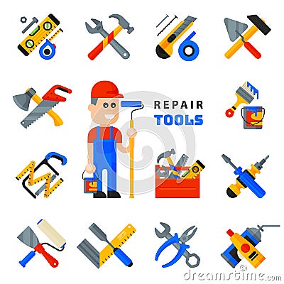 Home repair tools icons working construction equipment set and service worker macter man character flat style isolated Vector Illustration