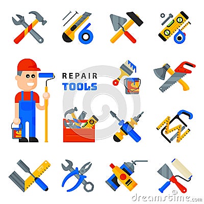 Home repair tools icons working construction equipment set and service worker macter man character flat style isolated Vector Illustration