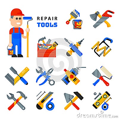 Home repair tools icons working construction equipment set and service worker macter man character flat style isolated Vector Illustration