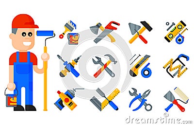 Home repair tools icons working construction equipment set and service worker macter man character flat style isolated Vector Illustration