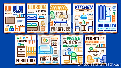 Home Rooms Furniture Promo Posters Set Vector Vector Illustration