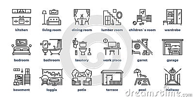 Home rooms line icons. Living room bedroom kitchen bathroom simple outline pictograms. Vector home furniture set Vector Illustration