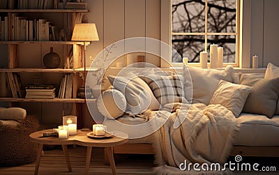 Home's Heartbeat. Warm Candle Lights and Cushions Crafting Cozy Living Room Moments. Generative AI Stock Photo