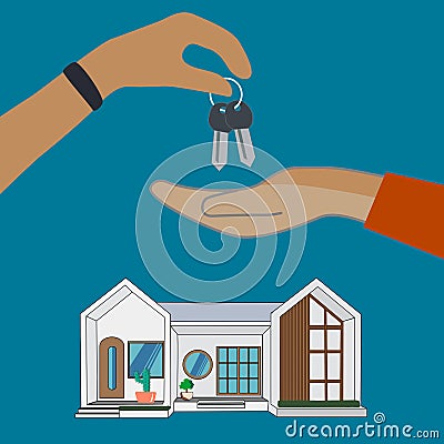 The home salesman and the key to the new owner. The concept of selling and renting house. Stock Photo