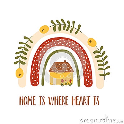 Home saying. Home where heart text. Sweet home. Cute house under the rainbow. Autumn mood, cozy fall element isolated Cartoon Illustration