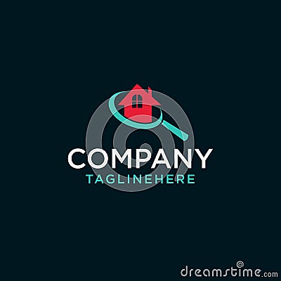 Home search logo - house with window and chimney and magnifier symbol Vector Illustration