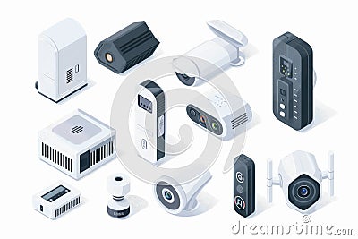 Home security technology uses a camera to capture and observe with entry sensors, ensuring protection and sound detection. Cartoon Illustration