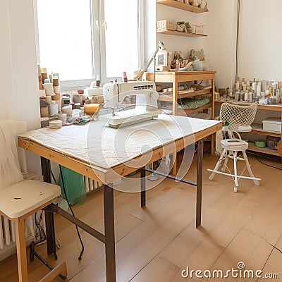 Home sewing workplace. Sewing machine, lamp, threads, different supplies stay on table near window. Dressmaker, tailor Stock Photo