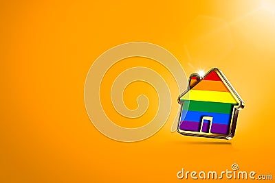 Home shape with gay pride rainbow on orange background, copy space. Gay people right to live together concept. 3D Stock Photo