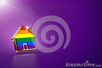 Home shape with gay pride rainbow on purple background, copy space. Gay people right to live together concept. 3D Stock Photo