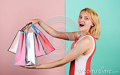 Home shopping. summer discount. special offer on black friday. shop closeout. happy woman shopper. big sale. female Stock Photo