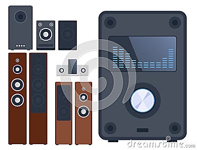 Home sound system stereo flat vector music loudspeakers player subwoofer equipment technology. Vector Illustration