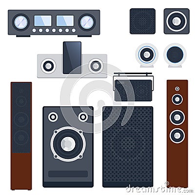 Home sound system stereo flat vector music loudspeakers player subwoofer equipment technology. Vector Illustration