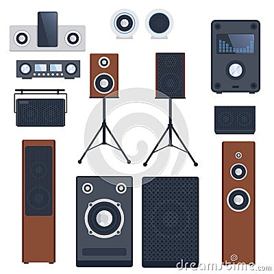 Home sound system stereo flat vector music loudspeakers player subwoofer equipment technology. Vector Illustration