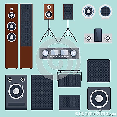 Home sound system stereo flat vector music loudspeakers player subwoofer equipment technology. Vector Illustration