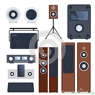 Home sound system stereo flat vector music loudspeakers player subwoofer equipment technology. Vector Illustration