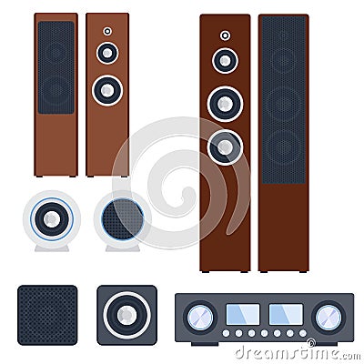 Home sound system stereo flat vector music loudspeakers player subwoofer equipment technology. Vector Illustration