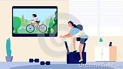 Home sport. Woman training in living room. Cycling on TV, girl on exercise bike. Online video sports lesson vector Vector Illustration