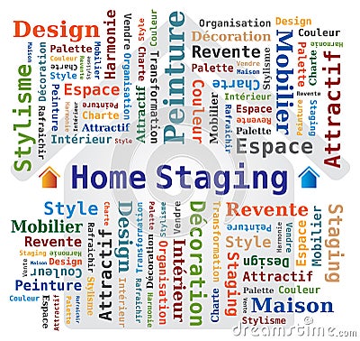 Home Staging Word Cloud with House Icon in the Background - French Language Vector Illustration