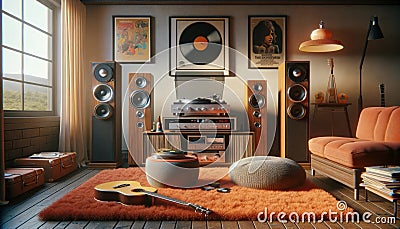 Home Stereo Room Retro Audiophile Hi-fi Vintage Tower Speakers Component AI Generated Home Interior Stock Photo