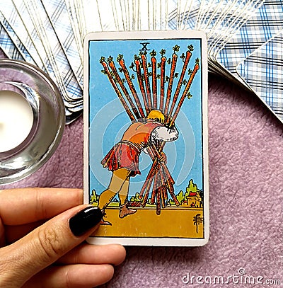 10 Ten of Wands Tarot Card Home-Stretch Nearly There Keep Your Head Down and Keep Going One Final Push Success is almost Yours Stock Photo