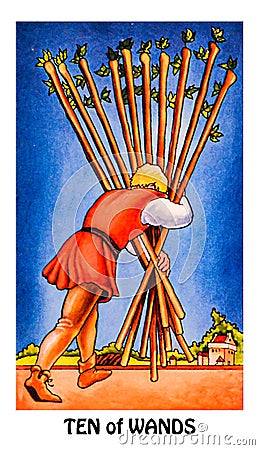 Ten of Wands Tarot Card Home-Stretch Nearly There Keep Your Head Down and Keep Going One Final Push Success is almost Yours Stock Photo