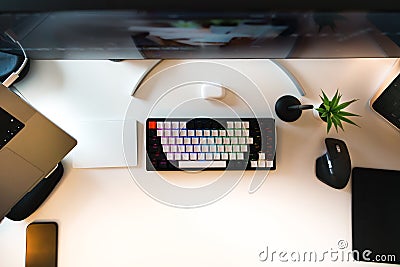 home studio workplace computer display mechanical keyboard top view Stock Photo