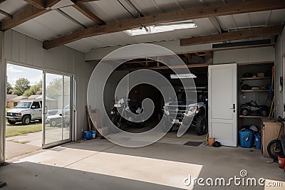 Home suburban countryside modern car and ATV double garage interior with wooden shelf, tools and equipment stuff storage warehouse Stock Photo