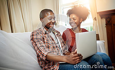 Home, sunshine and black couple with laptop, love and connection with internet, relationship and lens flare. Apartment Stock Photo